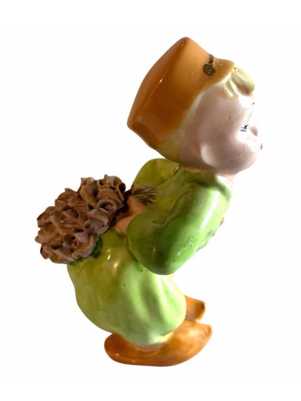 Vintage 7” Ceramic Kissing Face Figurine Holding Flowers Green & Gold Cork Stop